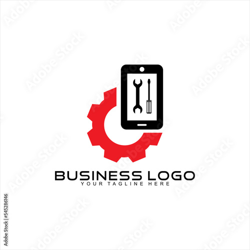 Mobile phone repair business logo design. Illustration of a mobile phone with a wrench, screwdriver and gear.