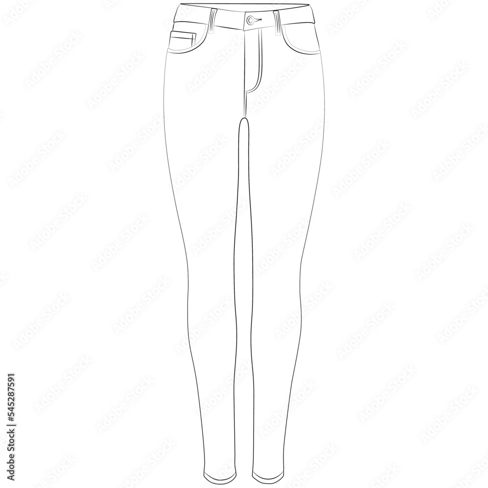 Women's Skinny Fit Jeans Clothing, Stretch Jeans trousers, attractive tight jeans pants for slim young girl, sexy women sketch drawing, contour lines drawn Leggings from the front
