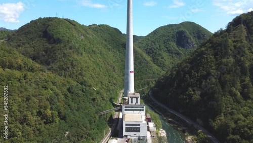 Aerial drone flyover chimney of Trbovlje power station, Slovenia photo