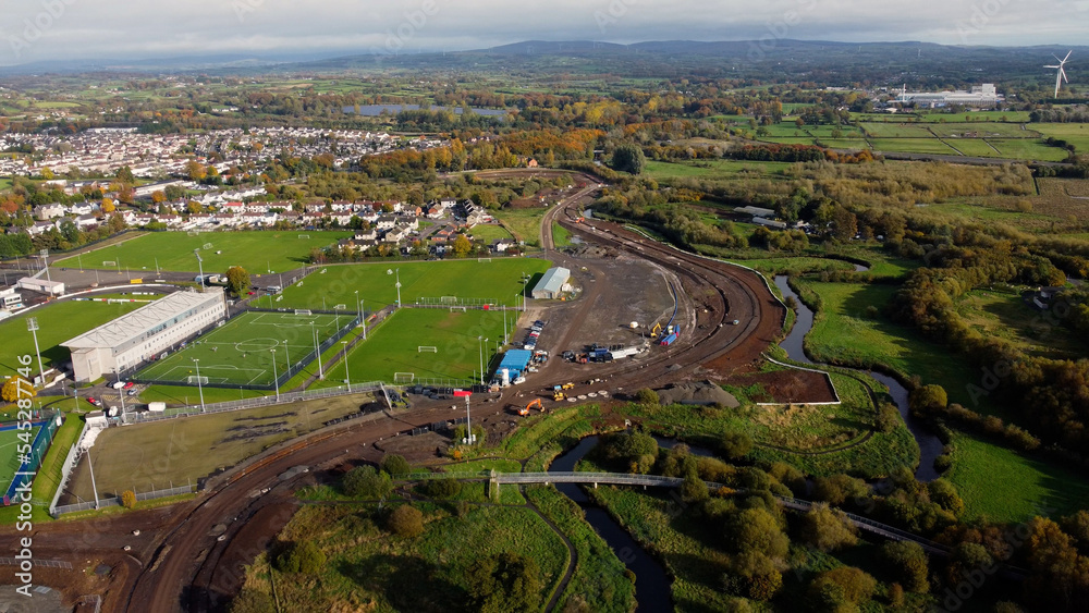 Aerial photo of new bypass at Ballymena United Football Showgrounds and Ecos Visitor & Conference Centre Antrim Northern Ireland