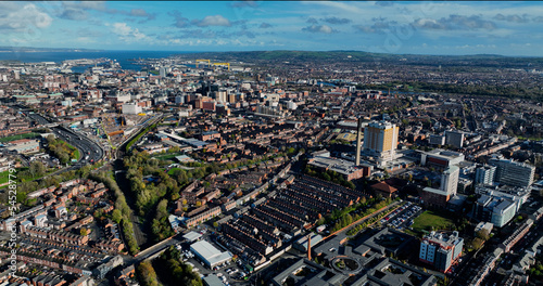 Photography Aerial photo of Residential homes and Business in Belfast Skyline Cityscape Nort