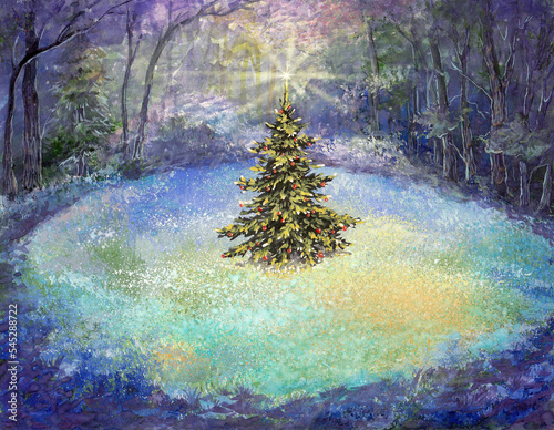 Oil paintings landscape, christmas tree in the forest