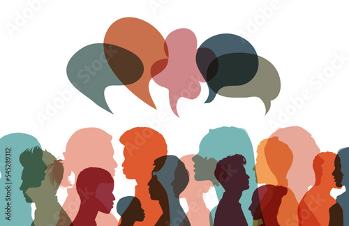 Colorful multiethnic face silhouette with colorful speech bubbles