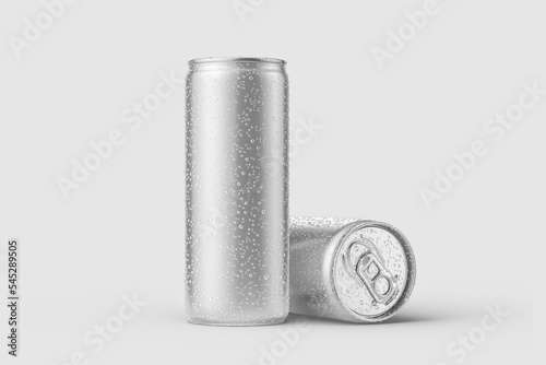 Two aluminium drink can 250ml with water drops mockup template, isolated on light grey background. High resolution.