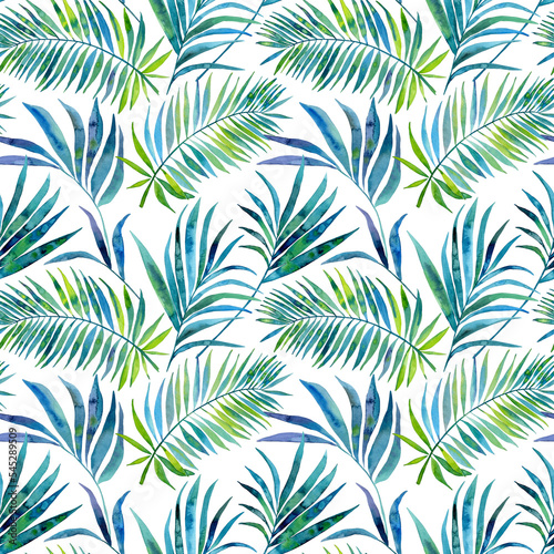 Watercolour blue green tropical palm leaves illustration seamless pattern. On white background. Hand-painted. Floral elements, jungle leaves. © Nataliia