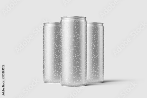 Three aluminium drink can 250ml with water drops mockup template, isolated on light grey background. High resolution.