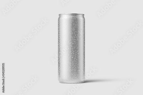 Aluminium drink can 250ml with water drops mockup template, isolated on light grey background. High resolution.