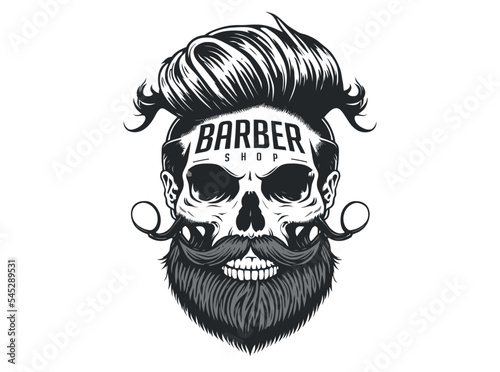 Barber Shop logo, Vintage Bearded Barber Skull With Stylish Hairstyle, Vector illustration