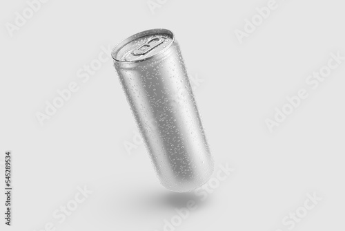 Aluminium drink can 250ml with water drops mockup template, isolated on light grey background. High resolution.