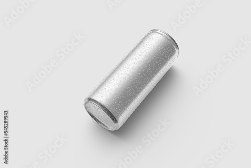 Aluminium drink can 250ml with water drops mockup template, isolated on light grey background. High resolution.