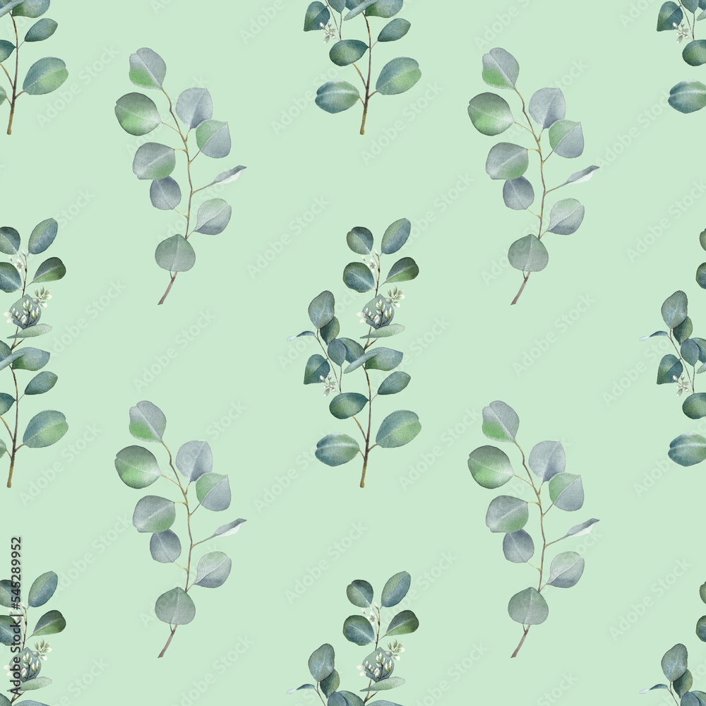 Obraz premium Seamless background with green leave doodles on bright green background. Luxury pattern for creating textiles, wallpaper, paper. Vintage. Romantic floral Illustration