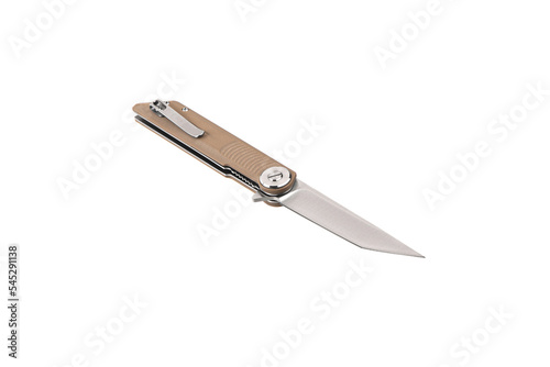 Pocket folding knife isolate on white back. Compact metal sharp knife with a folding blade.