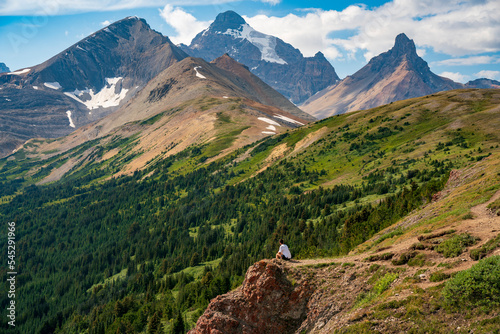Boy enjoying beautiful view, contemplating Saskatchewan Valley with  Mount Athabasca and Hilda Peak over the green forest in the back. Parker Ridge trail in Banff National Park, Canada. photo