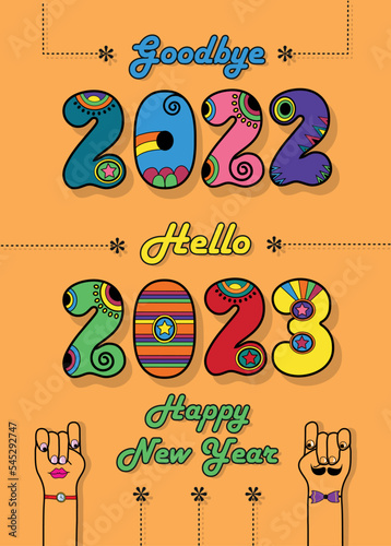 Goodbye 2022. Hello 2023. Happy New Year. Disco colorful numbers with bright decor. Cartoon male and female hands looking at each other. Orange background. Vector Illustration