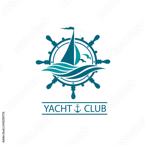 icon of sailing yacht, helm and ocean waves with seagulls
