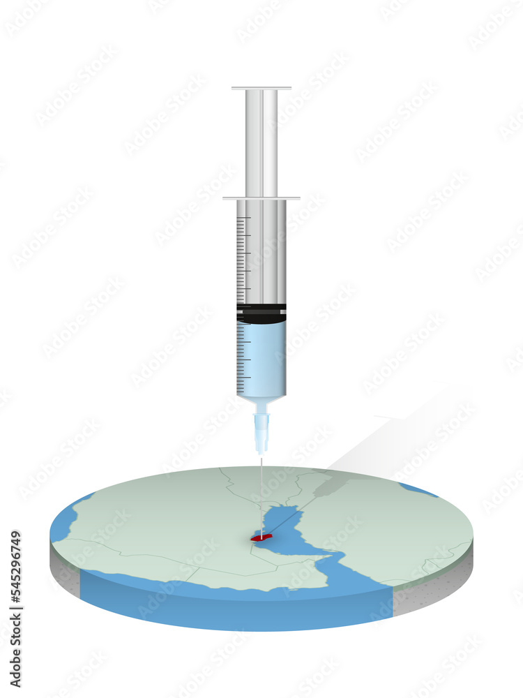 Vaccination of Qatar, injection of a syringe into a map of Qatar. Stock