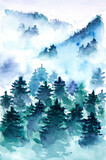 Watercolor painting of mist forest. Mist forest and mountains watercolor sketch.