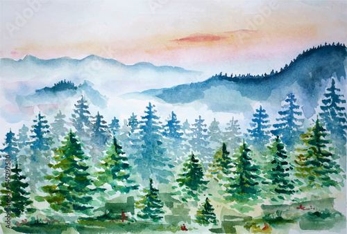 Watercolor forest and mountains landscape. Hand drawn painting of sunset mountains.