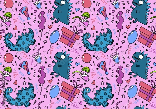 Fototapeta Naklejka Na Ścianę i Meble -  Cartoon festive animals party seamless dinosaur monsters dragon pattern for wrapping paper and fabrics