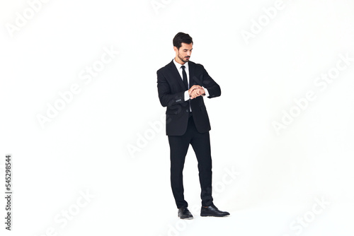 Man business smile with teeth in a suit business job walks open mouth happiness and surprise full-length on white isolated background copy space 