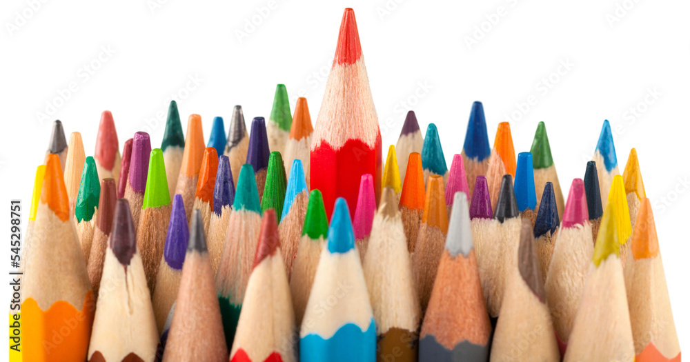 Classic red crayon standing out from the crowd of pencils Classic red crayon standing out from the crowd of pencils