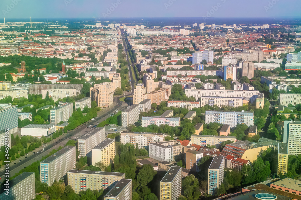 Karl Marx East Berlin avenue and communist era buildings from above, Germany
