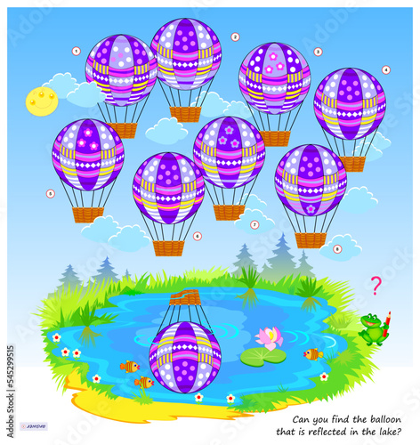 Logic puzzle game for children and adults. Can you find the balloon that is reflected in the lake? Page for brain teaser book. Developing kids spatial thinking. Task for attentiveness. Vector image.