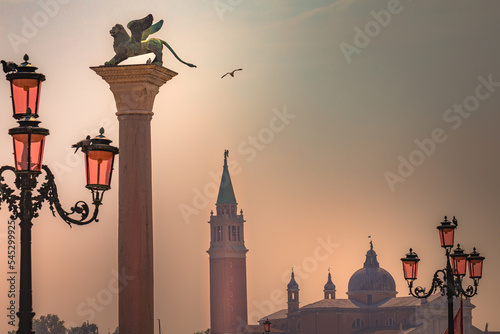 Murais de parede San Marco Square, with lion column, campanile and street light, Venice, Italy