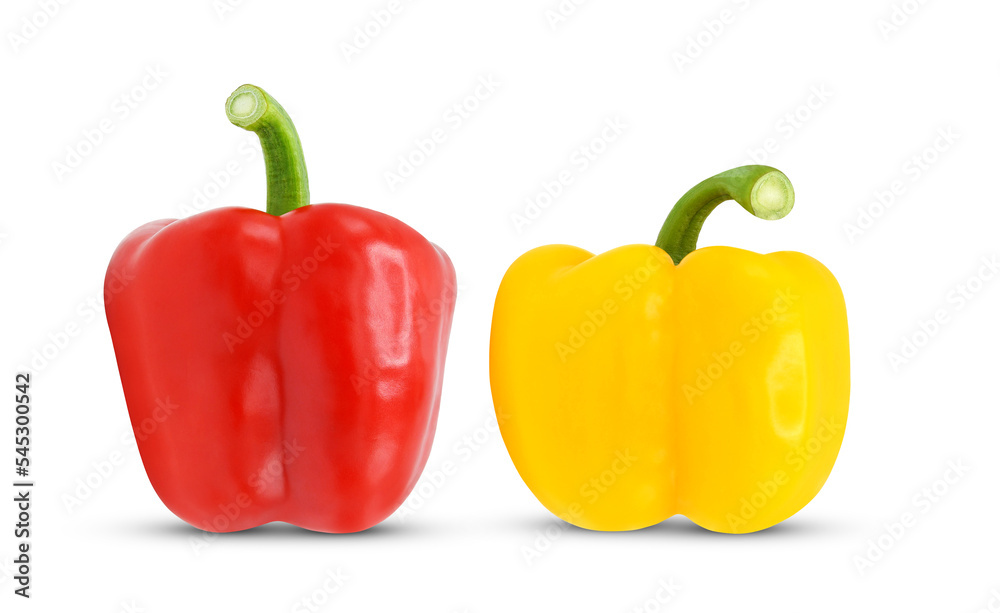 Red and yellow bell peppers isolated on white background. Red and yellow bell peppers isolated on white background.