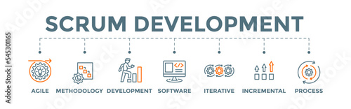 Scrum development banner web illustration with agile, methodology, development, software, iterative, incremental and process icon.