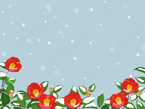 雪の中で咲く椿_フレーム背景_ベクターイラスト