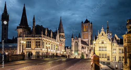 Ghent old town skyline at night  Belgium travel photo
