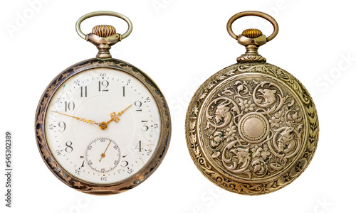 Antique silver pocket watch isolated on white background, front and rear view