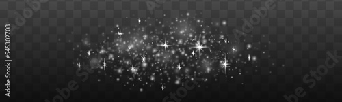 Blur white sparks and glitter special light effect. Fine, shiny bokeh dust particles fall off slightly. Defocused silver sparkle, stars and blurry spots. Magical flickering lights. Vector illustration