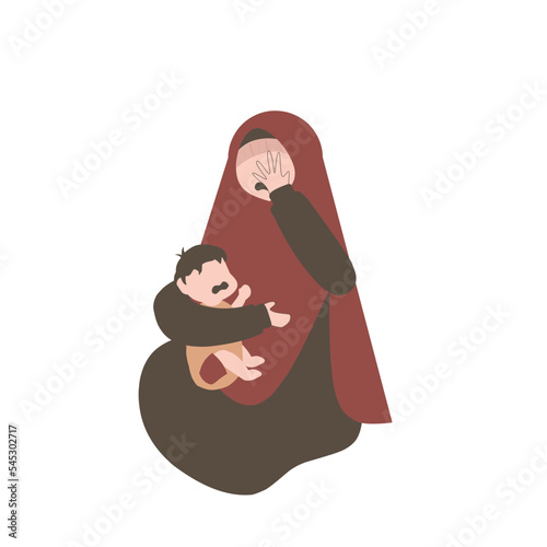 Muslim mother in postpartum depression. Baby blues illustration. Sad mother. Mental health awareness. 