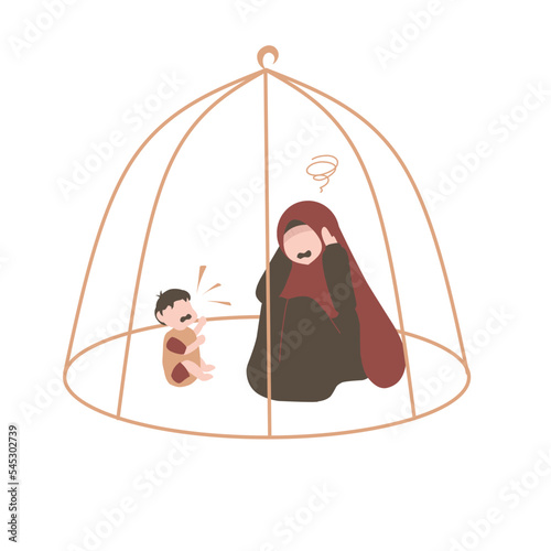 Muslim mother in postpartum depression. Baby blues illustration. Sad mother. Mental health awareness. 