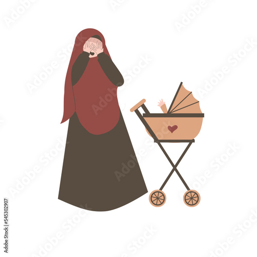 Muslim mother in postpartum depression. Baby blues illustration. Sad mother. Mental health awareness. 