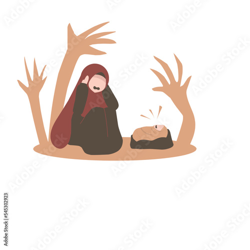 Muslim mother in postpartum depression. Baby blues illustration. Sad mother. Mental health awareness. 