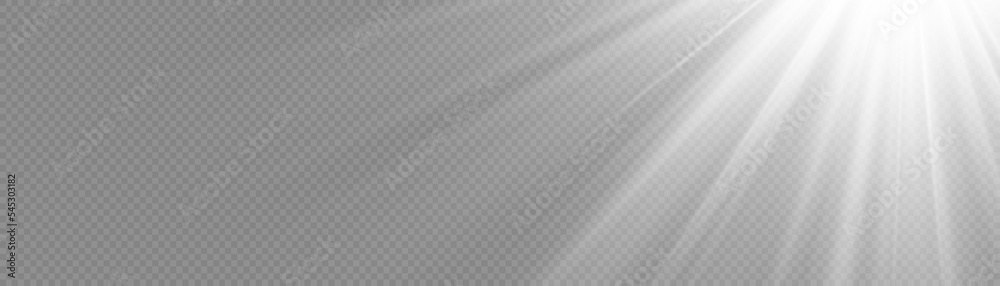 Fototapeta premium Sun light flash with rays and spotlight. Star burst with sparkles. Translucent shine sun, bright flare. Sunlight glowing png effect. White beam sunrays on transparent background. Vector illustration.