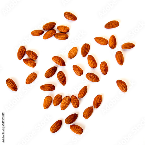 Raw Natural Organic Almonds Nuts Scattered Isolated on White Background Top View Healthy Food for Life Natural Light Selective Focus