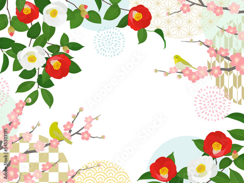 椿と梅とメジロ_和フレーム_ベクターイラスト