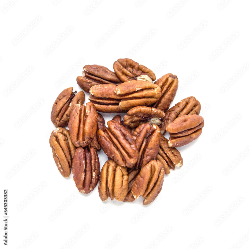 Raw Natural Organic Pecans Nuts Scattered Isolated on White Background Top View Healthy Food for Life Natural Light Selective Focus Raw Natural Organic Pecans Nuts Scattered Isolated on White Background Top View Healthy Food for Life Natural Light Selective Focus