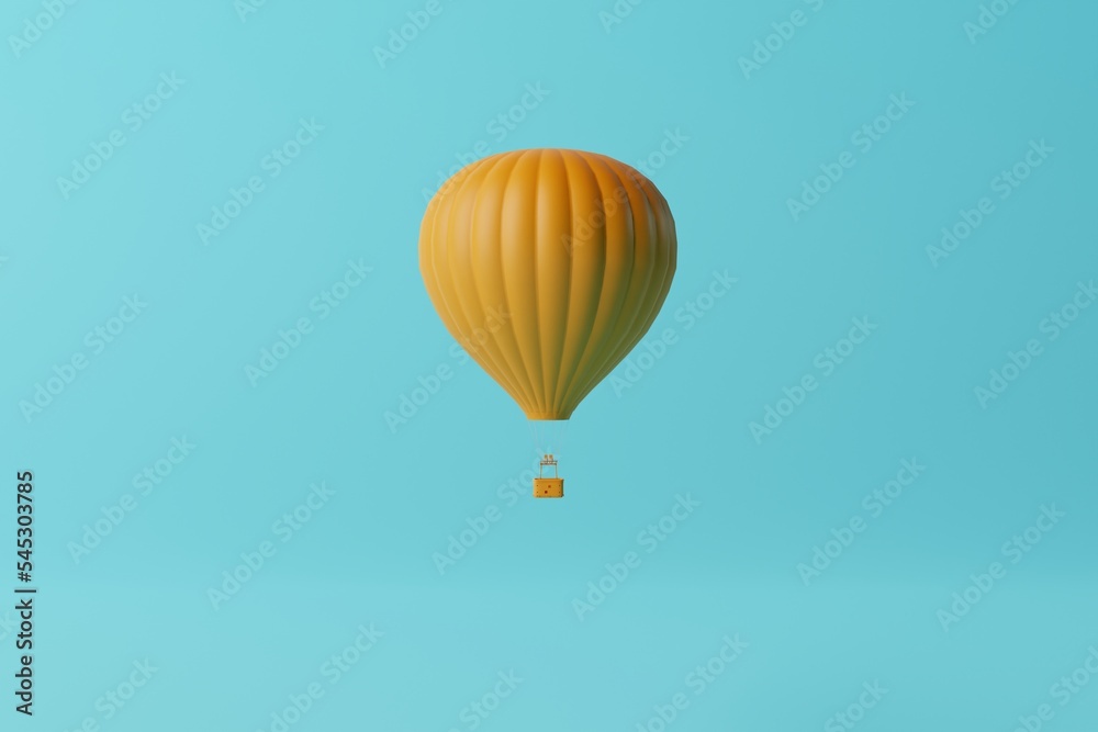 Orange air balloon on a blue background. Air balloon flying concept, attraction. Reaching for the sky. 3d rendering, 3d illustration. Orange air balloon on a blue background. Air balloon flying concept, attraction. Reaching for the sky. 3d rendering, 3d illustration.