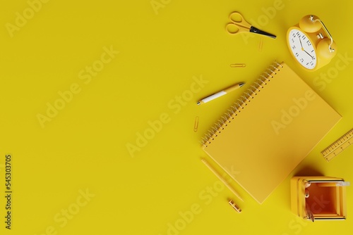View of school supplies, notebook, pens, alarm clock. Concept for back to school, learning. Students learning. Yellow school items on a yellow background. 3d rendering, 3d illustration.