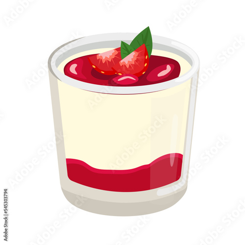 Dessert panna cotta in a glass with strawberries and a layer of jam. Traditional Italian parfait of cream and fruit, vector illustration in cartoon style. Isolated background. 