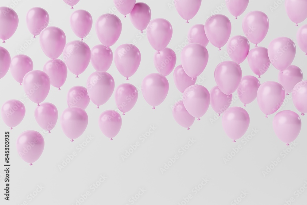 Pink balloons on a white background. Concept for the release of balloons, balloons inflated with air. 3d rendering, 3d illustration.