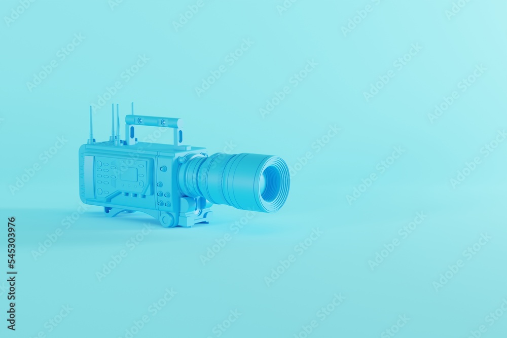 A blue film camera on a pastel blue background. Concept of filming, making movies. 3d rendering, 3d illustration.