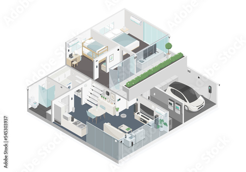smart home cut room interior component diagram isometric top view no roof isolated white background photo