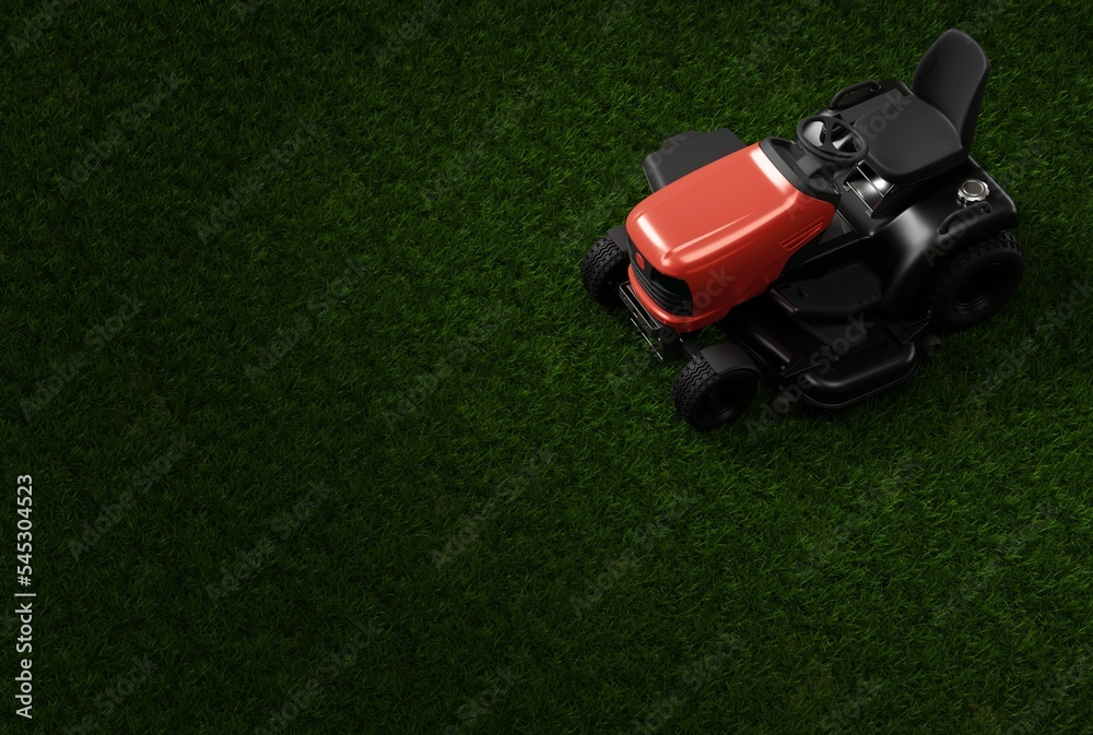 Lawn mower on the grass. The concept of mowing the grass, preparing the grass on the field, garden. Petrol mower on the grass. 3D render, 3D illustration. Lawn mower on the grass. The concept of mowing the grass, preparing the grass on the field, garden. Petrol mower on the grass. 3D render, 3D illustration.