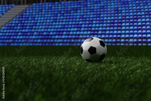 Soccer ball on the grass in the field at the stadium. The concept of winning soccer tournaments. Competition on the soccer field. 3D render, 3D illustration. © Sebastian